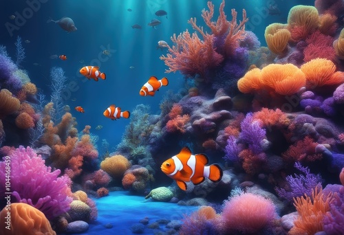 Wallpaper Mural neon-lit underwater imaginary dreamy ocean life scene teeming with colorful coral, busy clownfish, and a gentle sea turtle surreal artwork 3d rendering Torontodigital.ca