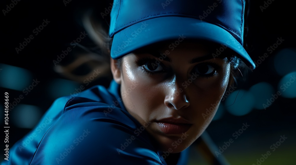 A determined female baseball player stares intently at the camera, her focus unwavering as she prepares to hit the ball. A determined female baseball player stares intently at the camera, her focus unwavering as she prepares to hit the ball.