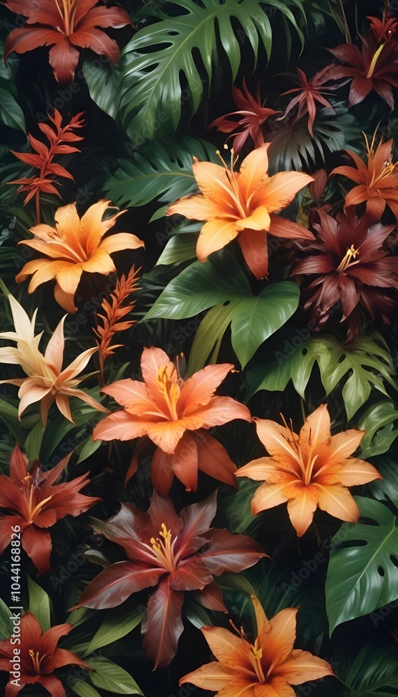 Tropical exotic pattern with animal and flowers in bright colors and lush vegetation Tropical exotic pattern with animal and flowers in bright colors and lush vegetation