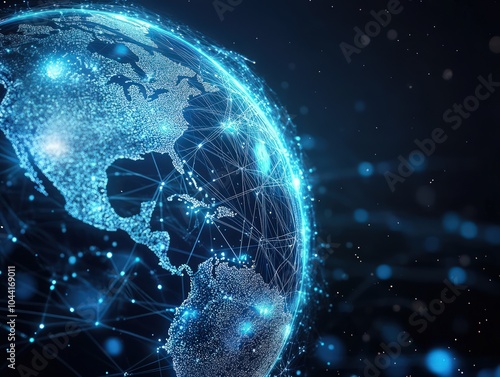 Fototapeta Naklejka Na Ścianę i Meble -  Abstract technology futuristic globe and digital network concept, bright blue connection lines surrounding the earth in a dark space, innovation and tech background 32k high resolution