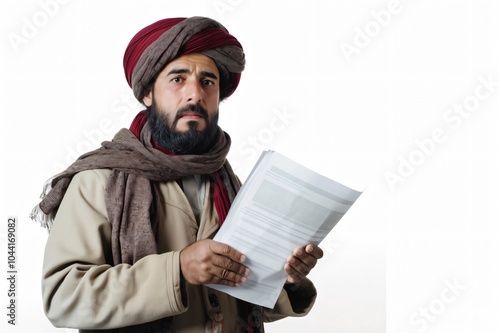 Afghan businessman wearing traditional clothing is holding documents on a white background photo