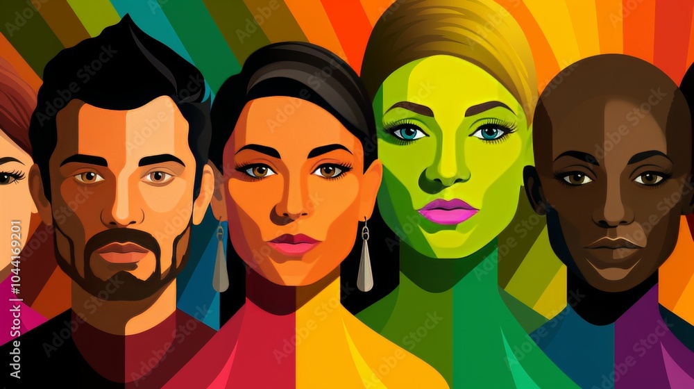 Abstract linear illustration depicting diverse nationalities with symbolic elements of france Abstract linear illustration depicting diverse nationalities with symbolic elements of france