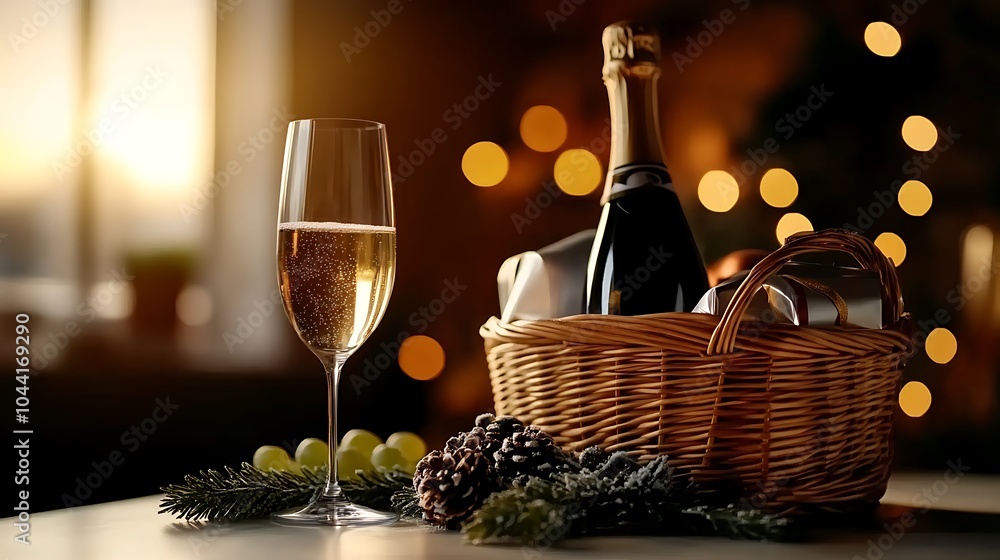 Obraz premium A champagne glass filled with bubbly sits on a table next to a basket filled with gifts and a bottle of champagne.