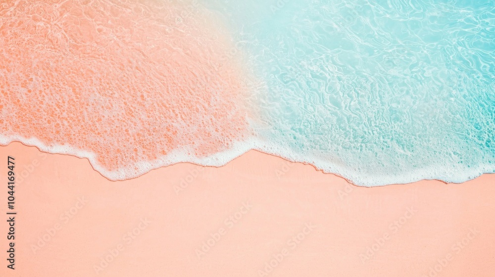 Fototapeta premium Turquoise ocean water with white sea foam is gently washing over the pink sand beach creating relaxing and serene summer vibes