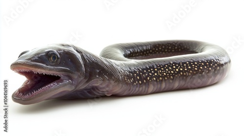 representation highlights hagfish unique marine species known for its eel like shape and slimy texture depicted in vivid detail on a stark white background. photo