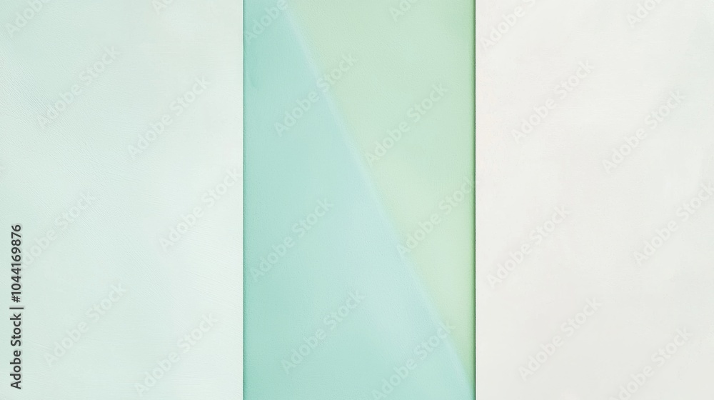 Minimal geometric abstract background is composed of three vertical rectangular shapes in pastel green, pale green, and white tones Minimal geometric abstract background is composed of three vertical rectangular shapes in pastel green, pale green, and white tones
