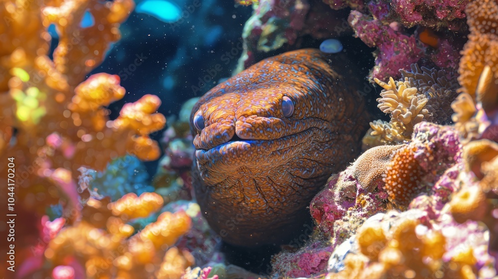 Fototapeta premium Majestic Moray Eel in Vibrant Underwater World Surrounded by Colorful Coral and Fish - Ultra-Detailed Ocean Photography