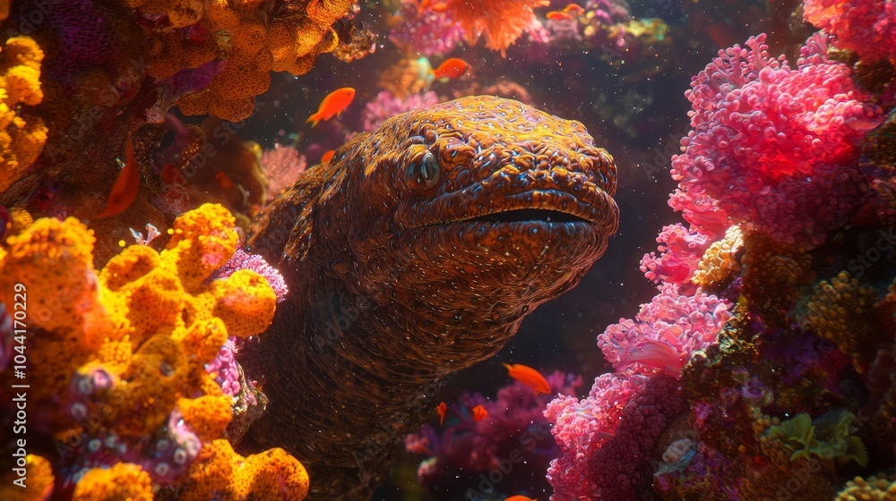 Fototapeta premium Majestic Moray Eel in Vibrant Underwater World Surrounded by Colorful Coral and Fish - Ultra-Detailed Deep Sea Photo