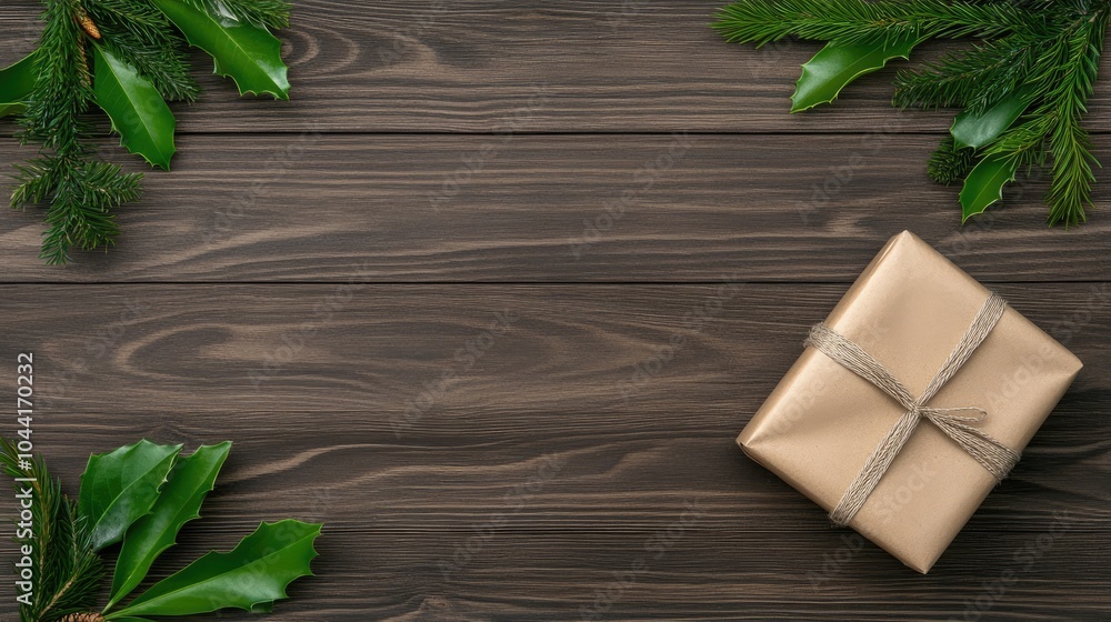 A decorated Christmas tree adorned with ornaments and a gift box rests on a wooden surface, offering a festive holiday atmosphere A decorated Christmas tree adorned with ornaments and a gift box rests on a wooden surface, offering a festive holiday atmosphere
