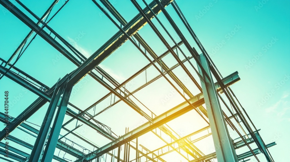 Fototapeta premium A steel framework under a blue sky, capturing construction and structural design.