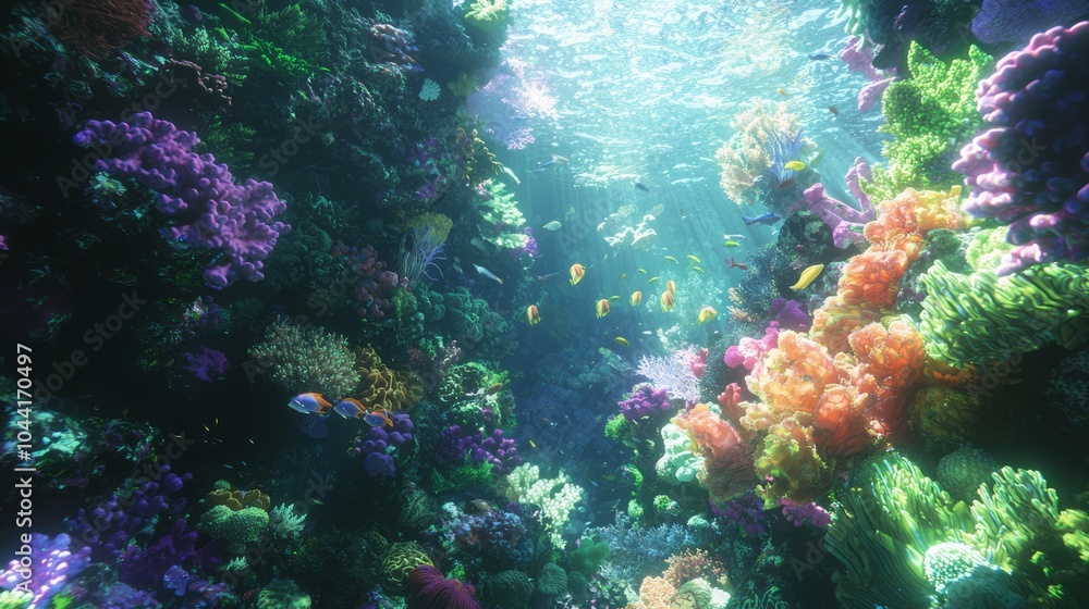 Naklejka premium Exploring the Colorful Depths: A Vivid Underwater Tapestry of Fish and Coral in a Thriving Reef Ecosystem