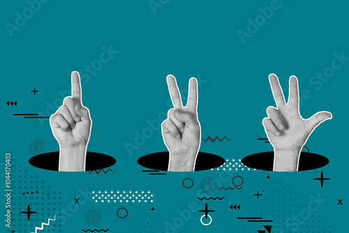 Man fingers doing numbers gestures coming out of black holes on a blue background photo