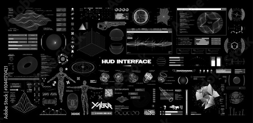 Futuristic HUD interface collection, with 3D objects, wireframes, charts, geometric shapes. GUI holograms wireframes, polygonal style, 3D objects and HUD, UI, games elements. Sci-fi vector graphic set photo