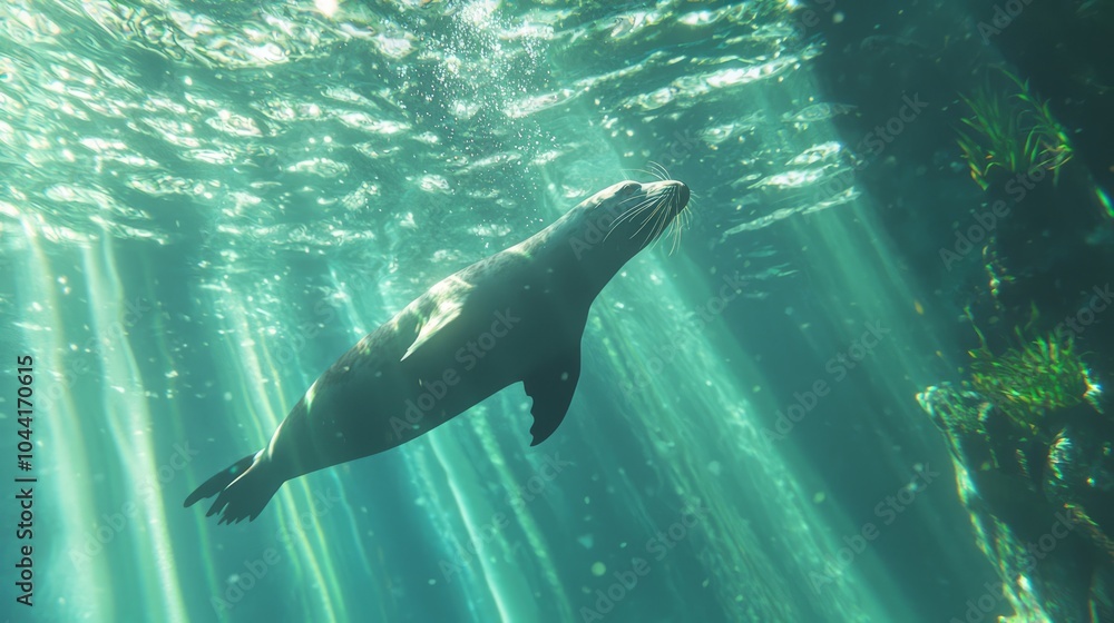 Obraz premium Beneath the Waves: Playful Sea Lion Swimming with Diver in Deep Sea Adventure - Ultra-Detailed Underwater Exploration Photography Capturing Marine Interactions and Beauty