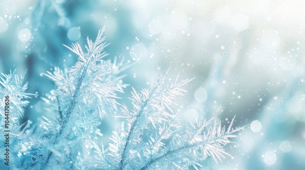 Snowflakes on frozen plant in winter scene with bright bokeh background, creating magical atmosphere. Delicate patterns glisten beautifully against cold blue backdrop Snowflakes on frozen plant in winter scene with bright bokeh background, creating magical atmosphere. Delicate patterns glisten beautifully against cold blue backdrop