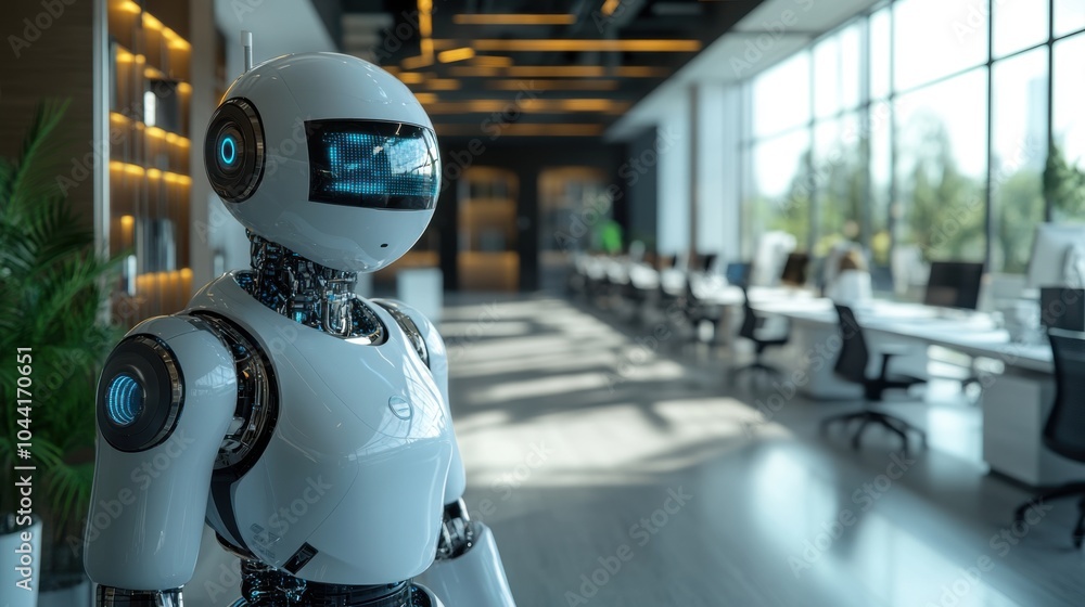 Futuristic Robot in Modern Office with Cityscape View and Ambient Lighting Futuristic Robot in Modern Office with Cityscape View and Ambient Lighting