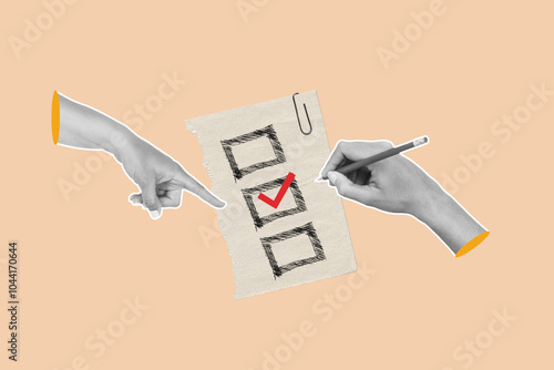 One hand pointing and one hand writing a red check sign on a beige background