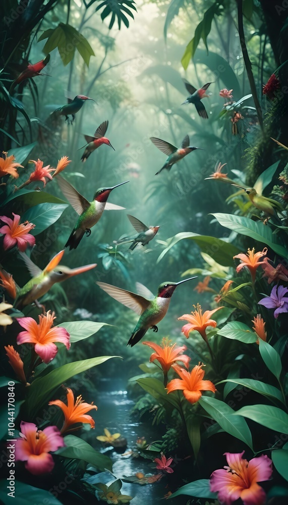 Tropical exotic pattern with animal and flowers in bright colors and lush vegetation Tropical exotic pattern with animal and flowers in bright colors and lush vegetation