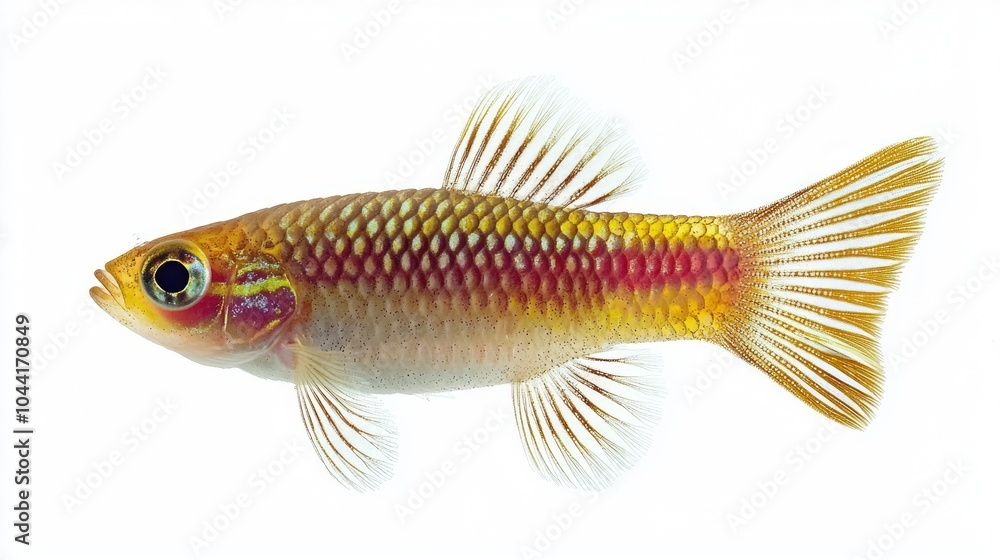 fish exhibits striking yellow red and green hues along its body highlighting the distinctive fin structure. The creature appears still emphasizing its elegance. fish exhibits striking yellow red and green hues along its body highlighting the distinctive fin structure. The creature appears still emphasizing its elegance.