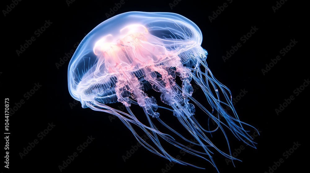 Obraz premium Illuminated Deep-Sea Jellyfish: Mesmerizing Ultra-Detailed Marine Organism in the Abyssal Darkness