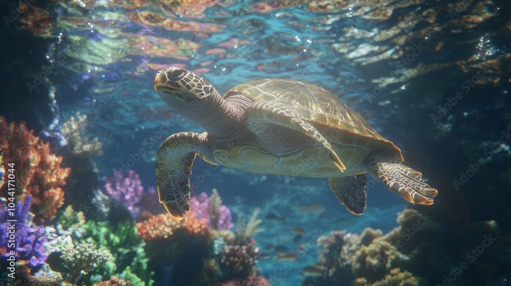 Obraz premium Majestic Sea Turtle Gliding Through Colorful Coral Reef - Serene Underwater Marine Life Exploration