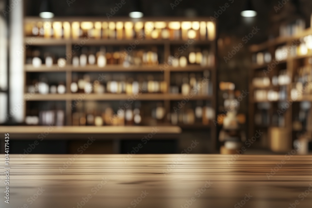 Empty wooden table with blurred Alcohol bottles on modern store Empty wooden table with blurred Alcohol bottles on modern store