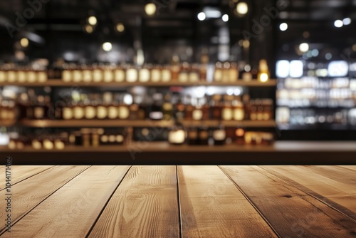Wallpaper Mural Empty wooden table with blurred Alcohol bottles on modern store Torontodigital.ca