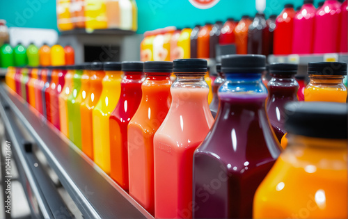 Bright and varied freshly squeezed juice packed in plastic bottles in the store. Refreshing drinks on the counter in the store.