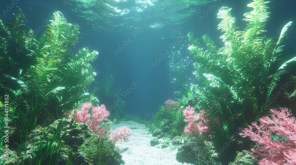 Fototapeta premium Enchanting Deep Sea Coral Garden - Serene Underwater Vista with Vibrant Sea Life and Soft Currents, Ultra-Detailed Photography