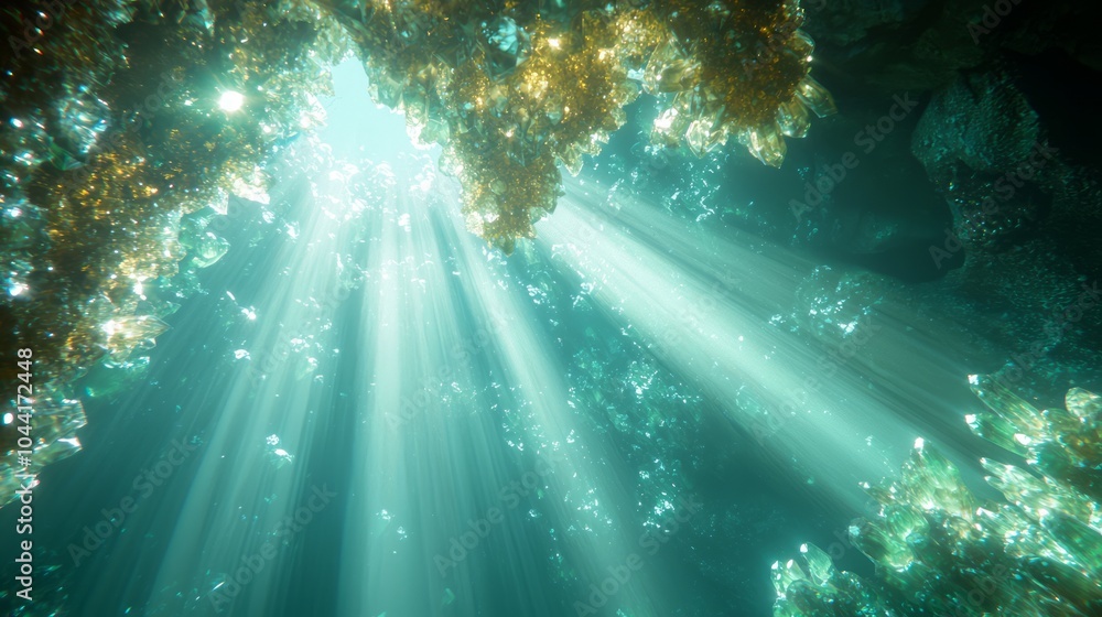 Naklejka premium Mystical Underwater Grotto with Glowing Crystals and Marine Life Abundance in Deep Sea Exploration