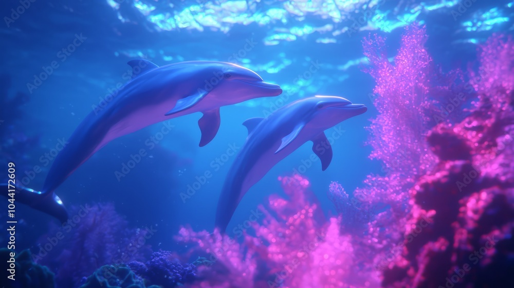 Fototapeta premium Joyful Dolphins in Vibrant Coral Reef - A Whimsical Underwater Adventure