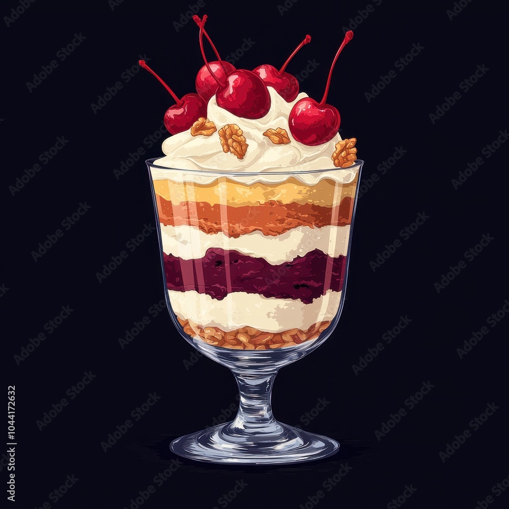 A delicious layered dessert in a glass, featuring whipped cream, fruit, and chocolate, topped with cherries and nuts. A delicious layered dessert in a glass, featuring whipped cream, fruit, and chocolate, topped with cherries and nuts.