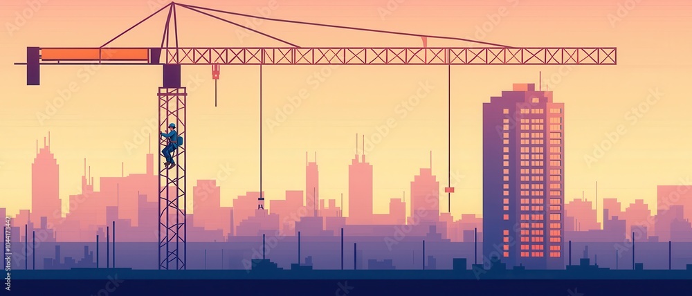 A silhouette of a construction crane against a colorful sunset, with a city skyline and a building under construction in the background. A silhouette of a construction crane against a colorful sunset, with a city skyline and a building under construction in the background.