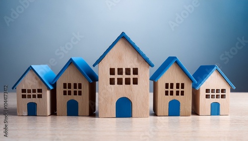 A cluster of miniature houses with blue roofs and wooden walls on a light background, concept of real estate market. 3D Rendering