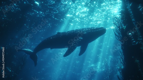 Majestic Whale Gliding Through Stunning Underwater Landscape with Swirls of Tiny Fish - Deep Sea Exploration and Wildlife Adventure
