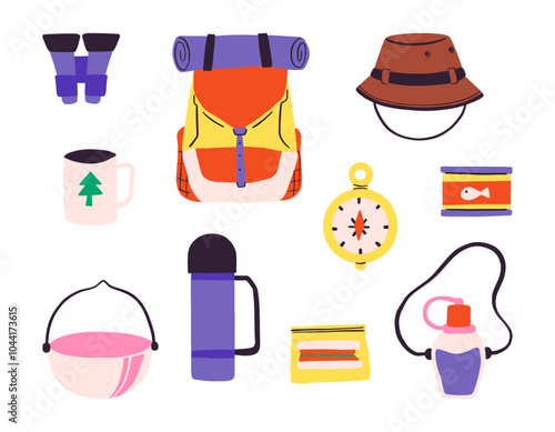 Hiking Gear for Outdoor Adventures. A collection of essential hiking and camping gear illustrations. Perfect for outdoor activities and mountain exploration