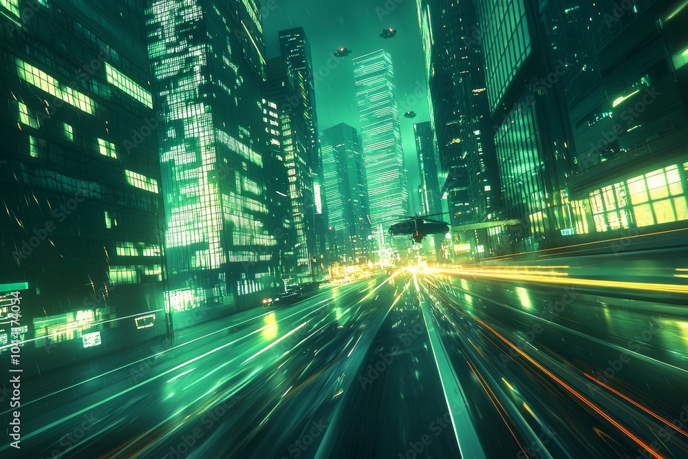 Glowing data streams flow between skyscrapers in a futuristic green circuit board cityscape Glowing data streams flow between skyscrapers in a futuristic green circuit board cityscape