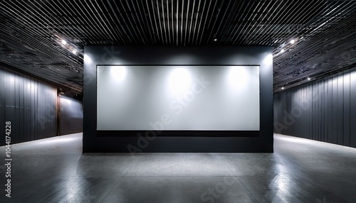 An empty exhibition room with a large blank presswall, modern design, and a concrete floor, in a dark setting, ideal for branding displays. 3D Rendering photo