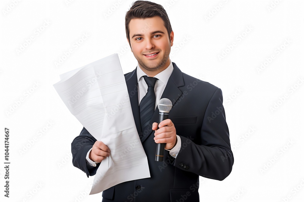 Public relations professional is holding a microphone and documents while giving a speech Public relations professional is holding a microphone and documents while giving a speech
