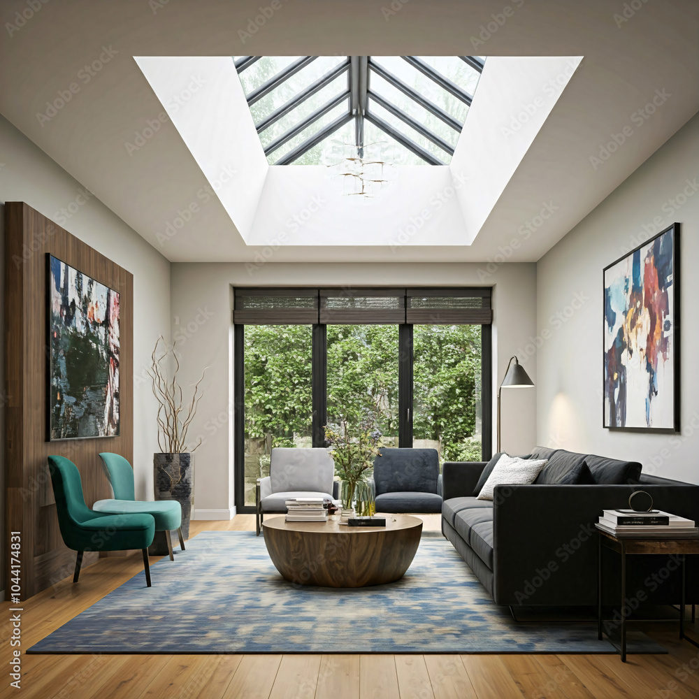 Fototapeta premium Modern living room with skylight and chic decor
