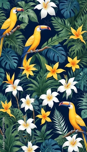 Tropical exotic pattern with animal and flowers in bright colors and lush vegetation