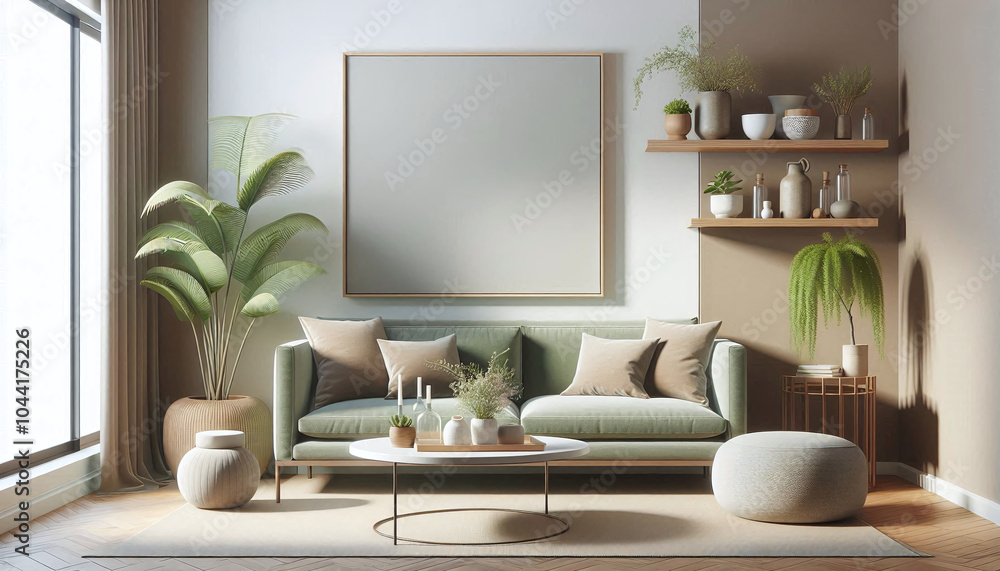 Stylish Green-Themed Living Space with Blank Canvas Stylish Green-Themed Living Space with Blank Canvas