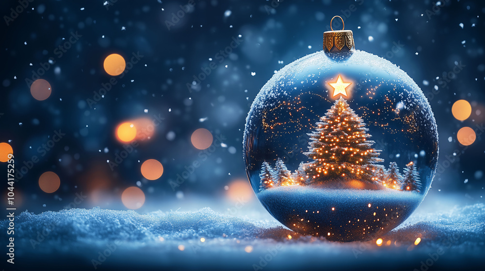 Weihnachtsbaum in einer Weihnachtskugel aus Glas, Gläserne Christbaumkugel mit leuchtendem Tannenbaum, blauer Hintergrund mit Schneeflocken und warmen Lichtern Weihnachtsbaum in einer Weihnachtskugel aus Glas, Gläserne Christbaumkugel mit leuchtendem Tannenbaum, blauer Hintergrund mit Schneeflocken und warmen Lichtern