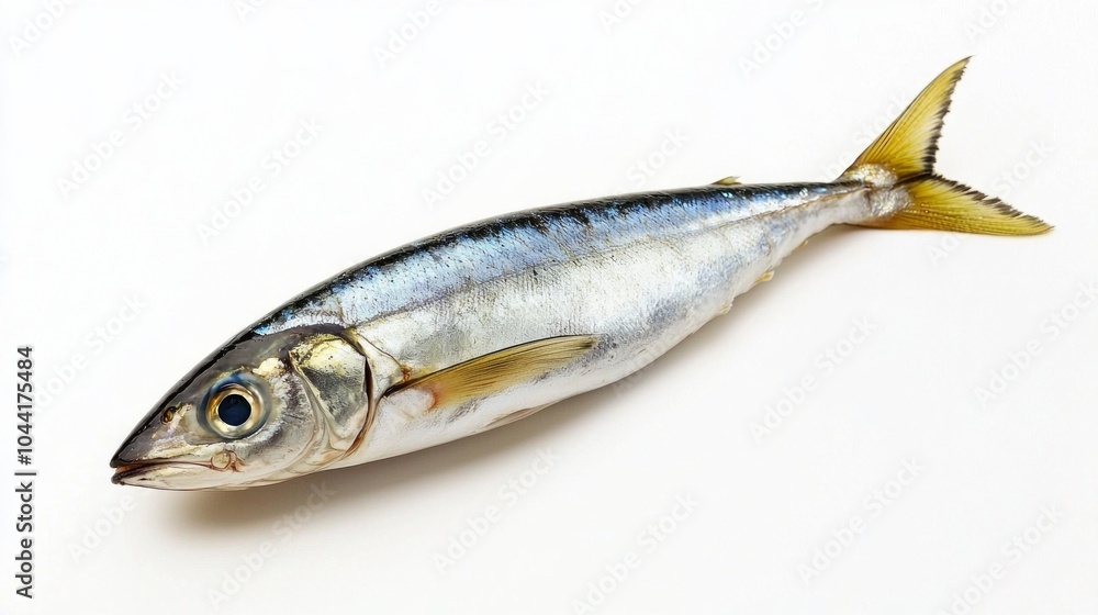 Sardinella a small fish known for its streamlined body and vibrant colors is prominently displayed on a clean white background highlighting its natural beauty. Sardinella a small fish known for its streamlined body and vibrant colors is prominently displayed on a clean white background highlighting its natural beauty.