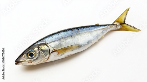 Sardinella a small fish known for its streamlined body and vibrant colors is prominently displayed on a clean white background highlighting its natural beauty.