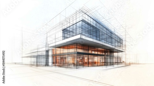 A sketch of a modern building design, featuring a combination of structured lines, glass elements, and an innovative architectural style.