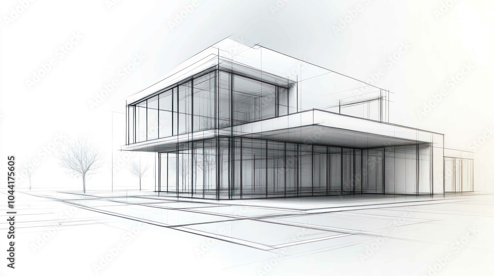A modern architectural sketch featuring a minimalist two-story building with large glass panels and a simple design. A modern architectural sketch featuring a minimalist two-story building with large glass panels and a simple design.