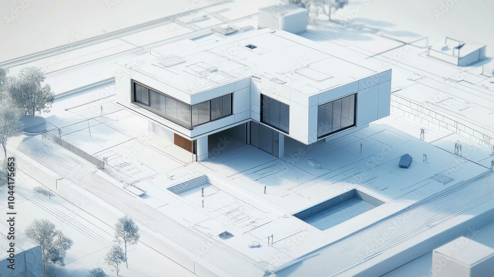 A modern architectural model featuring a minimalist design with surrounding greenery and a central water feature. A modern architectural model featuring a minimalist design with surrounding greenery and a central water feature.