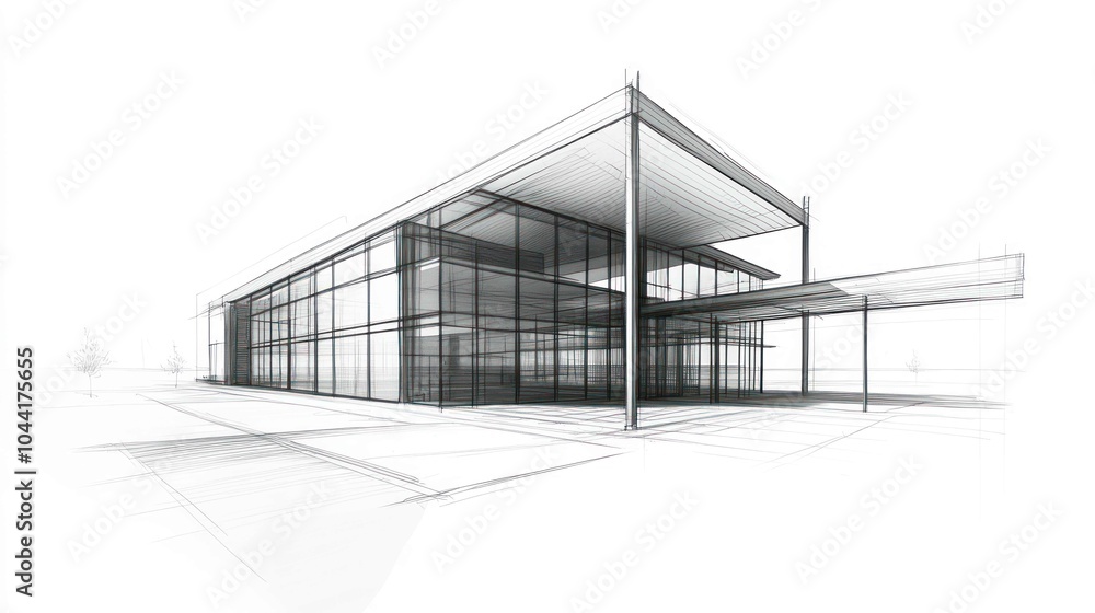 A modern, minimalist building design featuring extensive glass and a unique architectural style with a sleek roof structure. A modern, minimalist building design featuring extensive glass and a unique architectural style with a sleek roof structure.
