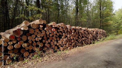 stack of wood in the forest after cut down